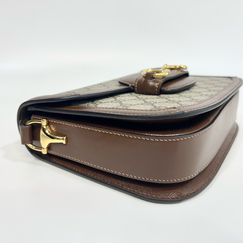 🆕古馳1955 烏木色牛皮拚老花 GUCC馬銜扣1955肩側背包602204-14