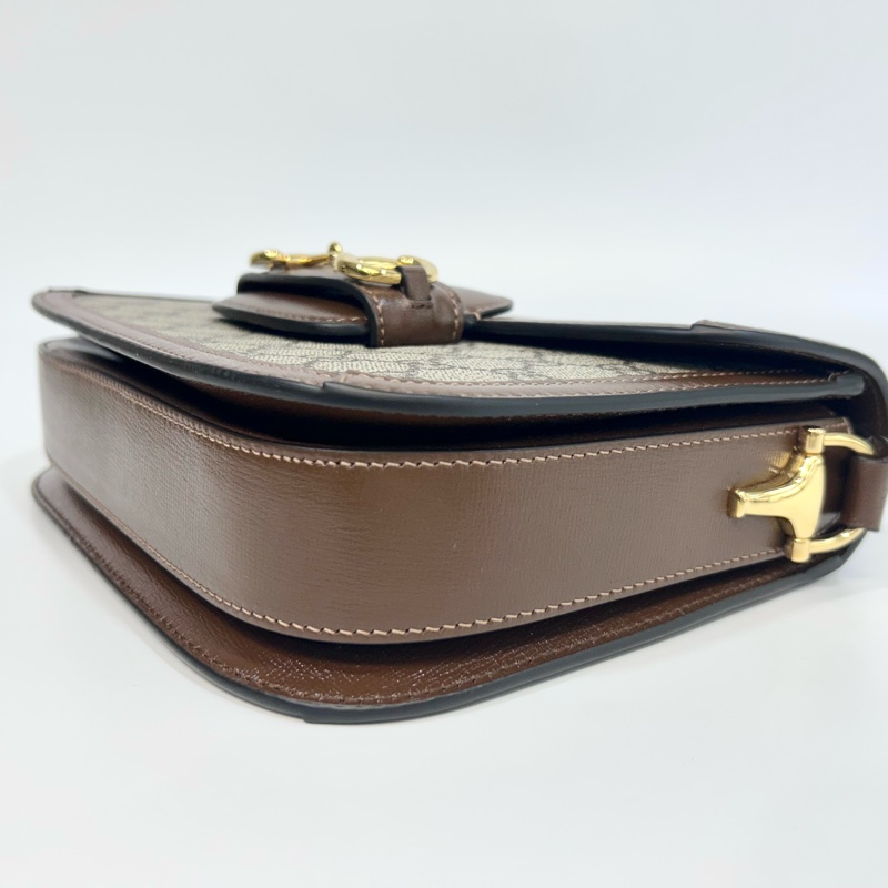 🆕古馳1955 烏木色牛皮拚老花 GUCC馬銜扣1955肩側背包602204-15