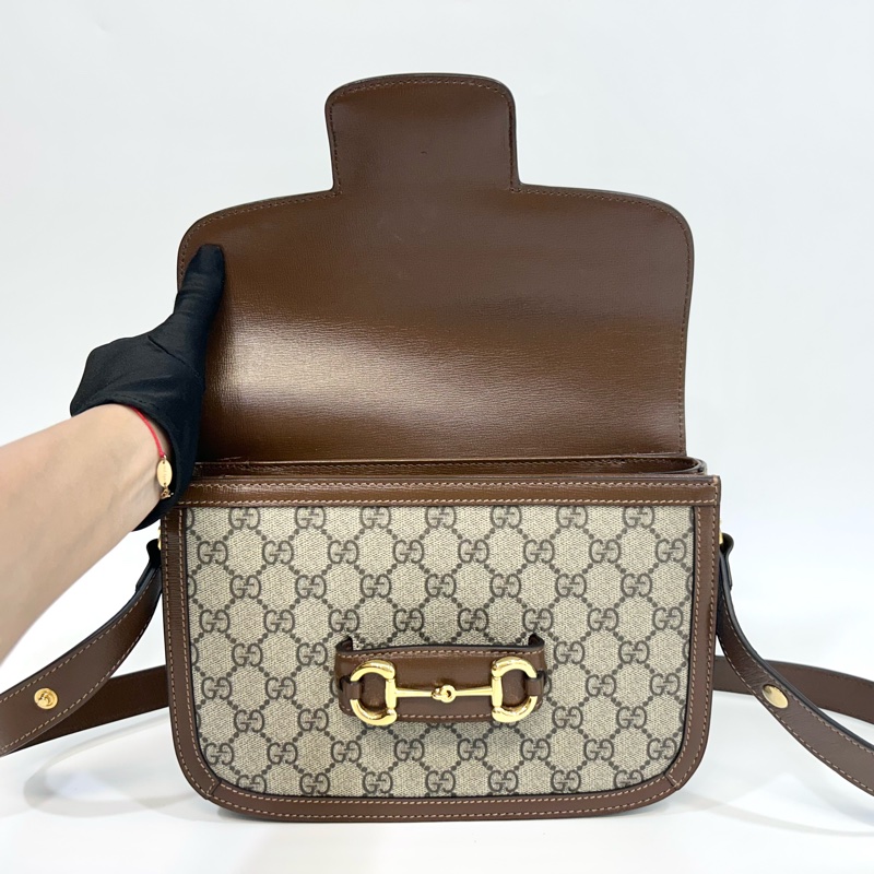 🆕古馳1955 烏木色牛皮拚老花 GUCC馬銜扣1955肩側背包602204-16