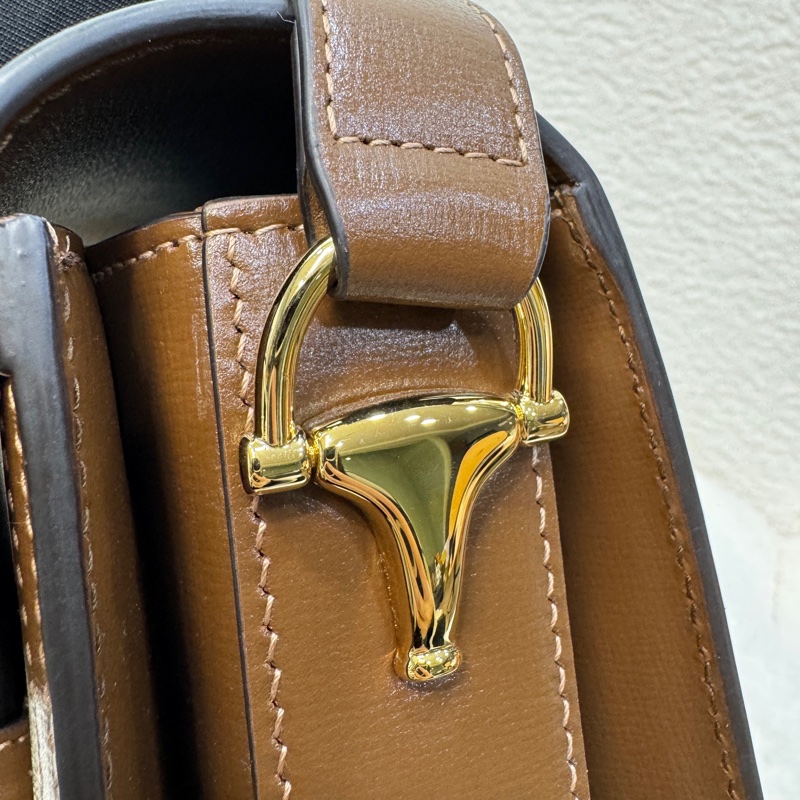 🆕古馳1955 烏木色牛皮拚老花 GUCC馬銜扣1955肩側背包602204-19