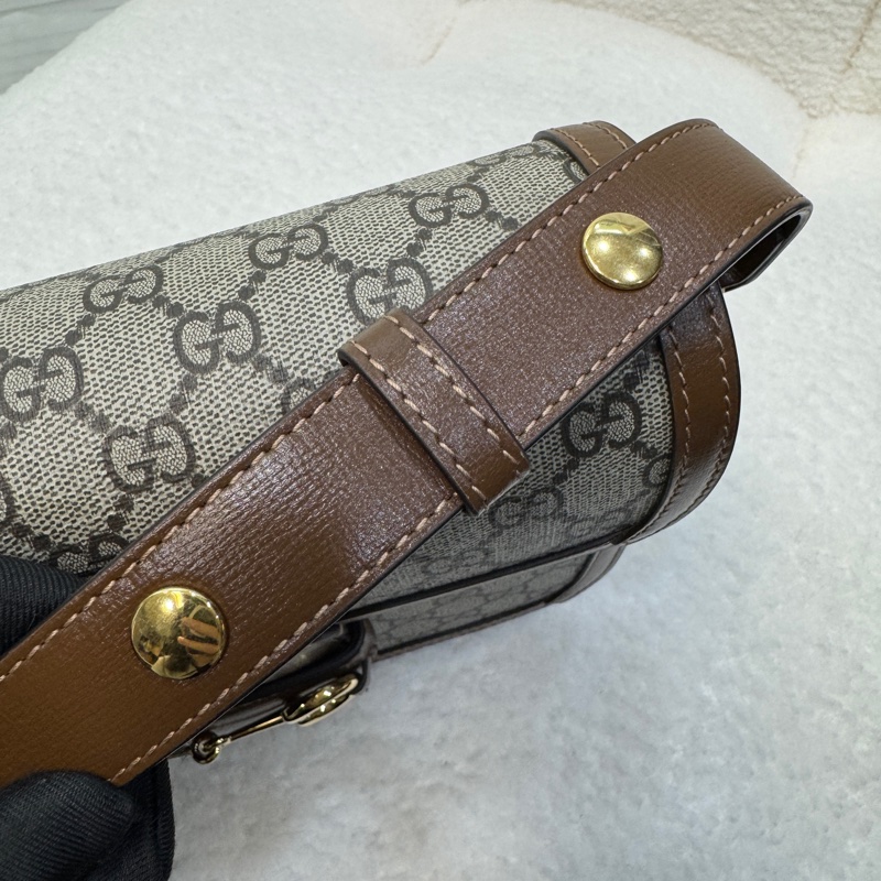 🆕古馳1955 烏木色牛皮拚老花 GUCC馬銜扣1955肩側背包602204-22