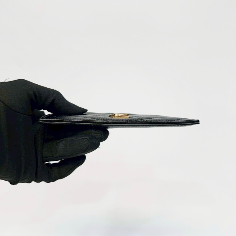 YSL黑金粒紋小牛皮一字拉鍊5卡包607915-4