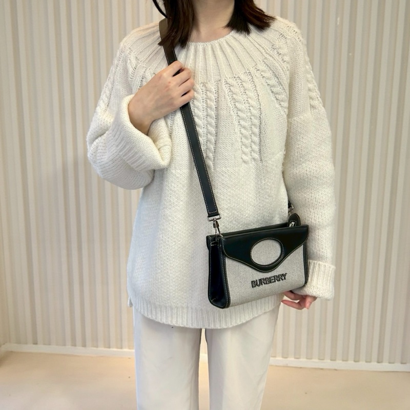 BURBERRY黑皮革拚帆布信封式手提側背包-0