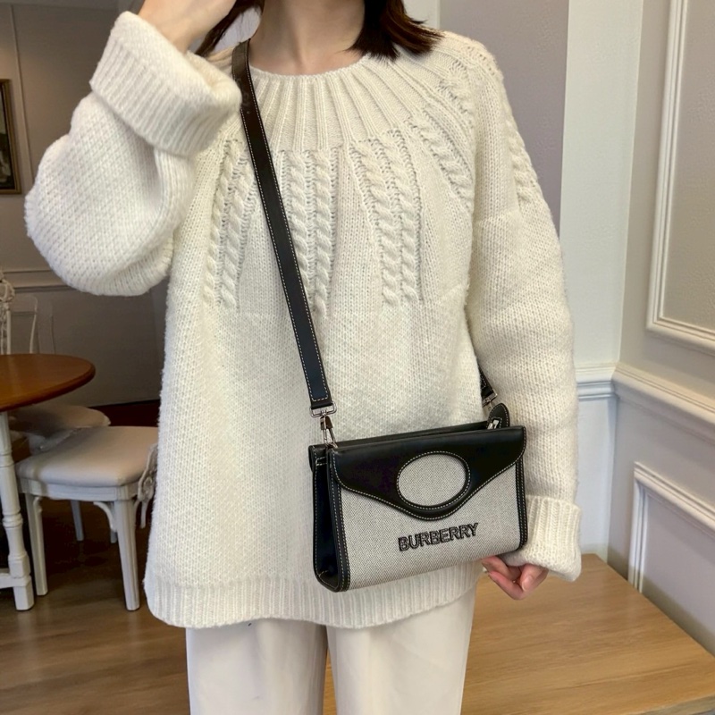 BURBERRY黑皮革拚帆布信封式手提側背包-2