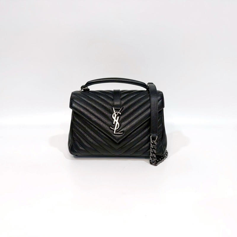 YSL黑銀山形紋羊皮手提側背學院包600279-0