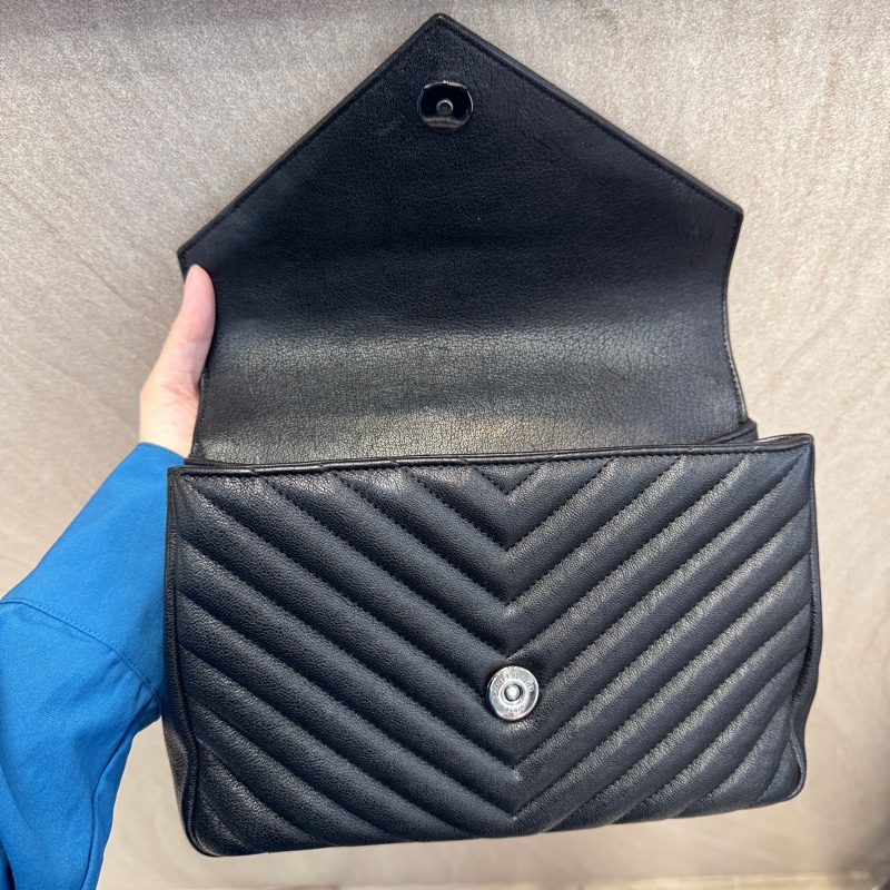 YSL黑銀山形紋羊皮手提側背學院包600279-7