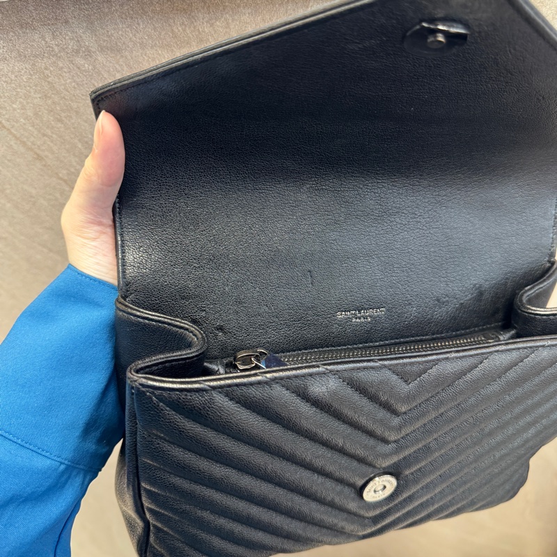 YSL黑銀山形紋羊皮手提側背學院包600279-8