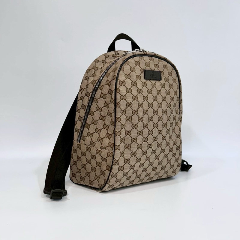 GUCCI緹花布拚黑色滾邊雙G銀釦後背包449906-3