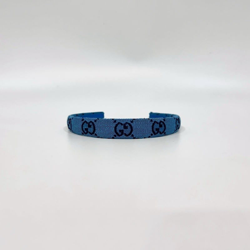 GUCCI藍色雙G緹花布髮箍-0