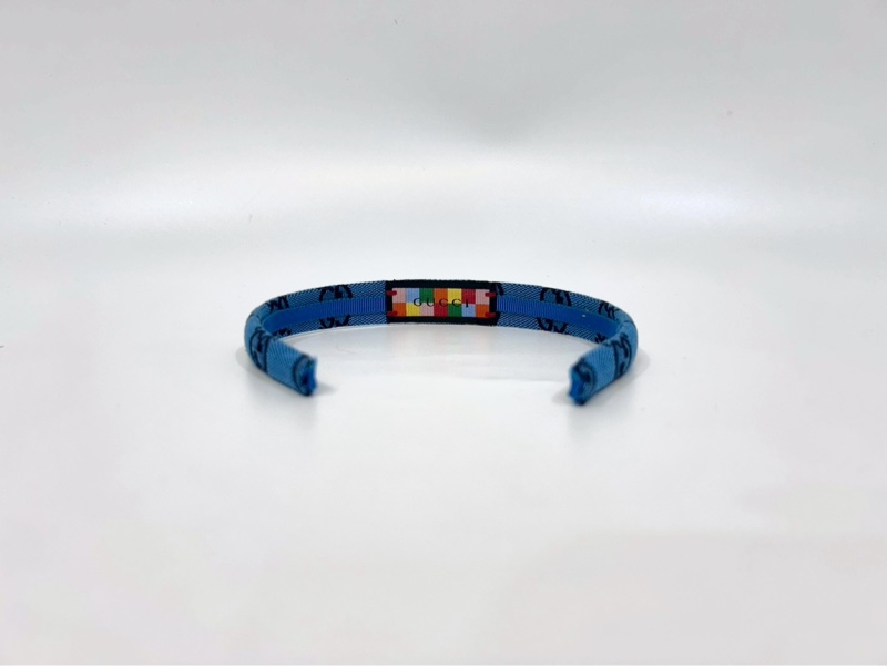 GUCCI藍色雙G緹花布髮箍-1