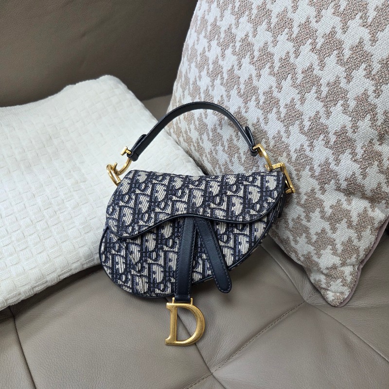 Dior 藍緹花布霧金釦Mini手提馬鞍包-0