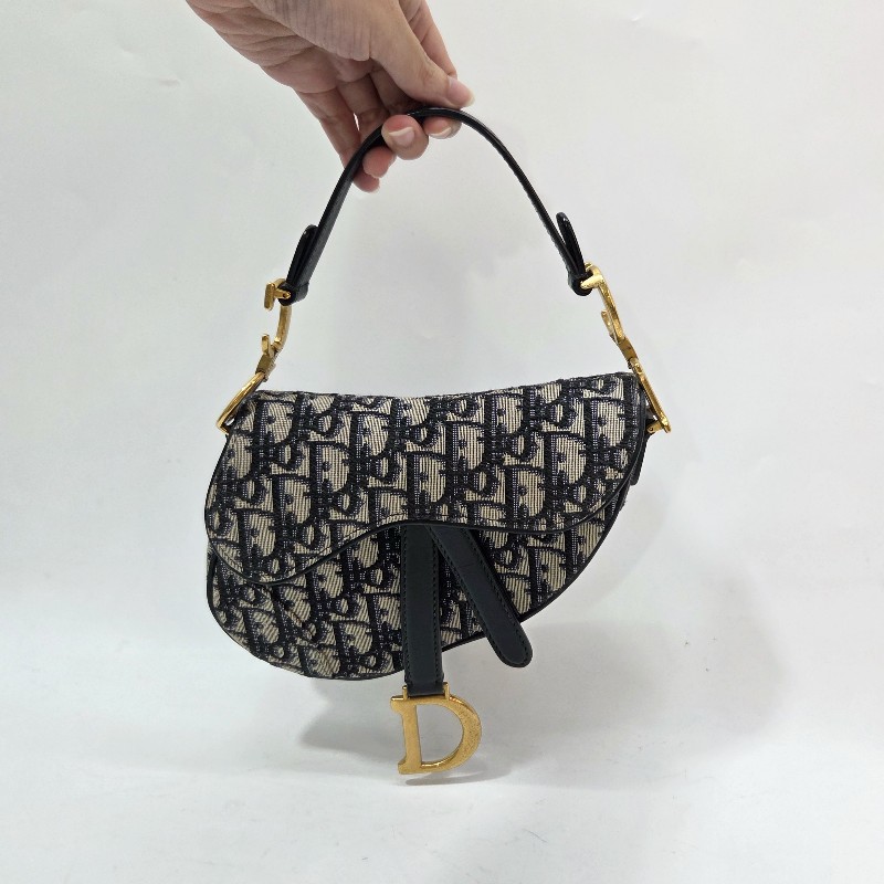Dior 藍緹花布霧金釦Mini手提馬鞍包-1