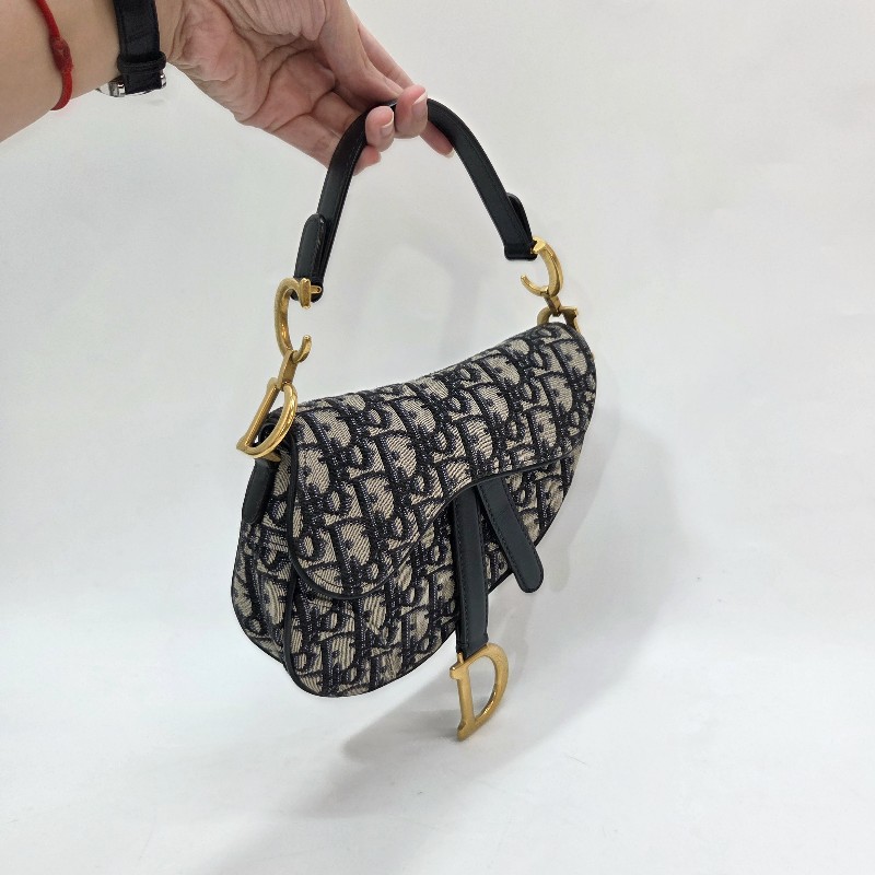 Dior 藍緹花布霧金釦Mini手提馬鞍包-2