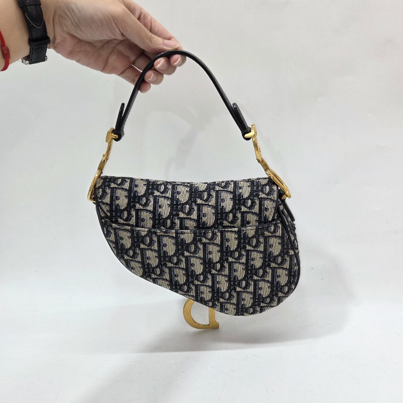 Dior 藍緹花布霧金釦Mini手提馬鞍包-3