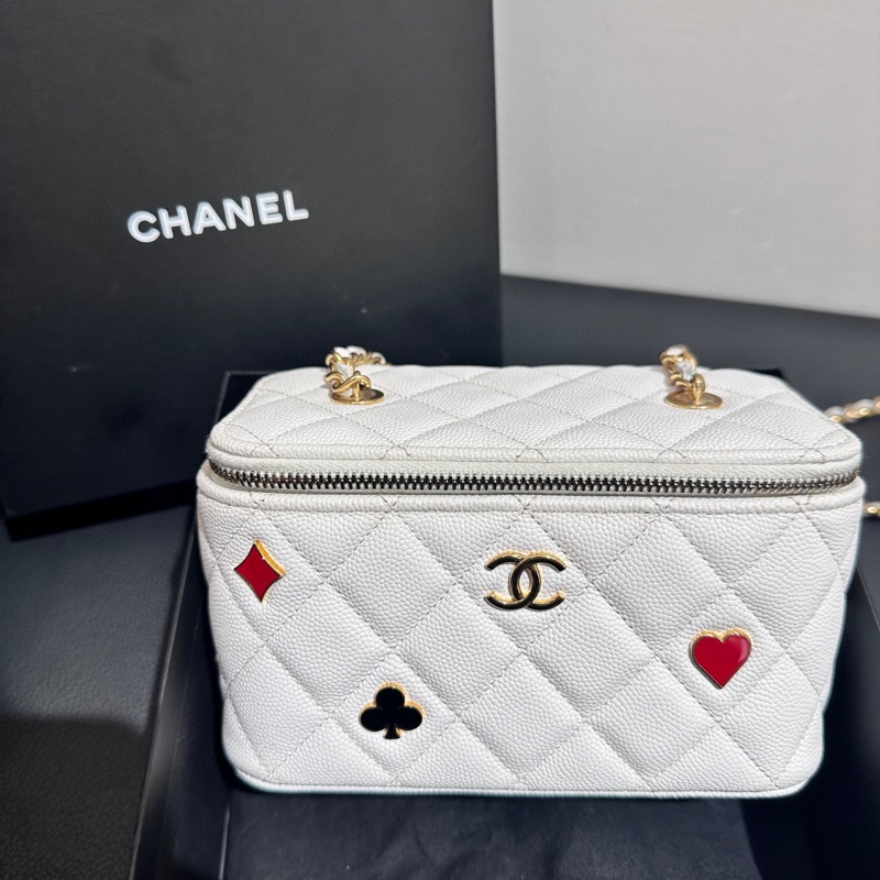 Chanel/香奈兒23C撲克牌限定款系列白色長盒子包化妝包荔枝皮-0