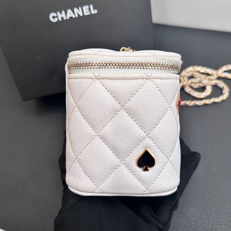 Chanel/香奈兒23C撲克牌限定款系列白色長盒子包化妝包荔枝皮-3