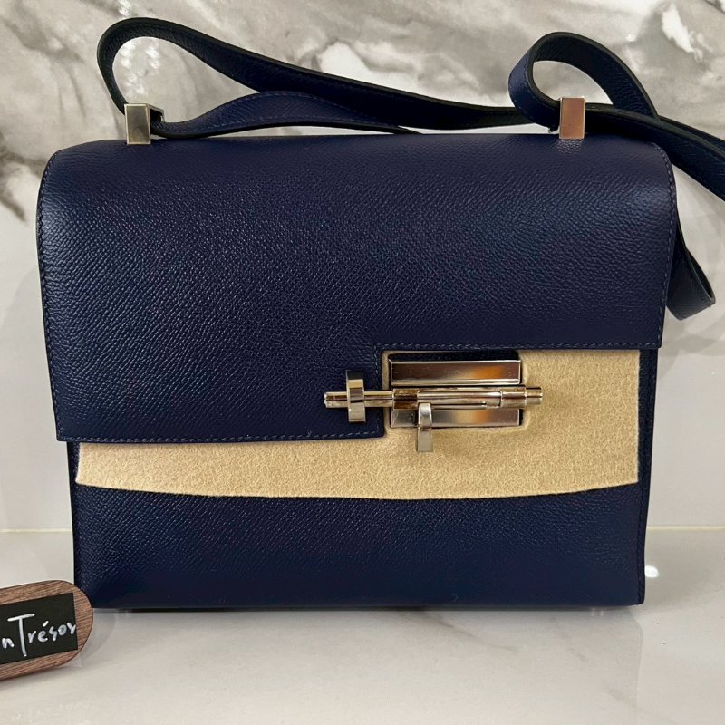 Hermès愛馬仕99成新21 VERROU EPSOM M3寶藍色手槍肩背包 C刻 購證盒全-7