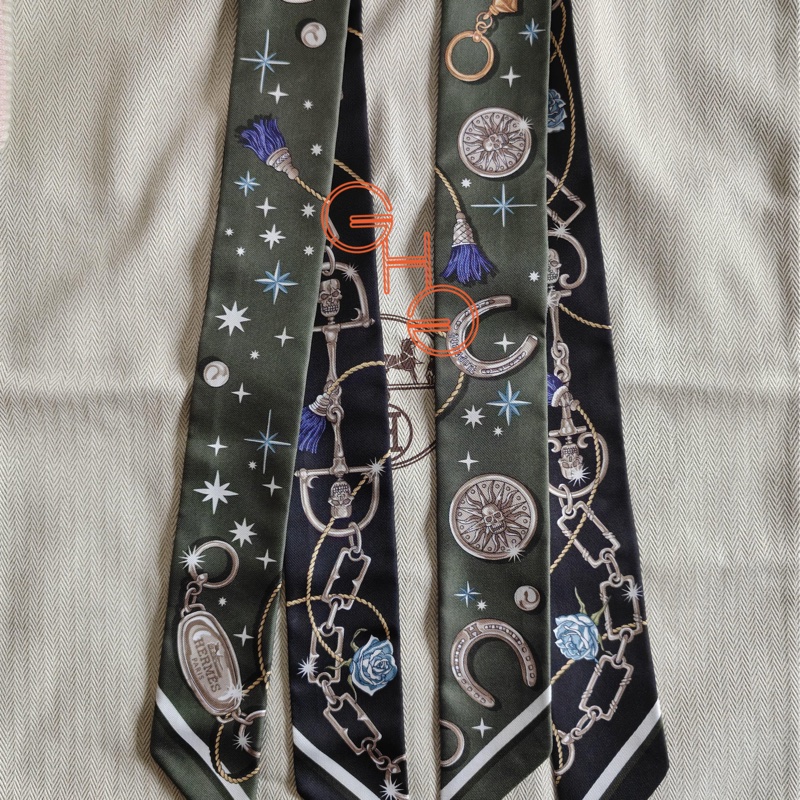 愛馬仕Twilly C'est la Fete Twilly/ SC/ kaki foncé / blanc / noir( 全新)-0