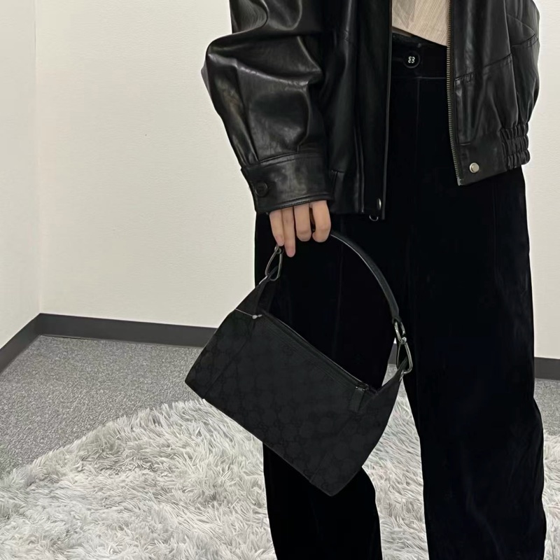 「JL精品代購」Gucci黑色老花帆布拼皮迷你腋下包-1