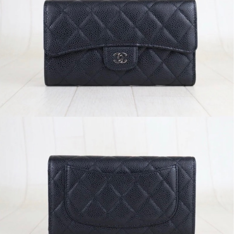 「JL精品代購」極新 Chanel 荔枝牛皮 三折黑長夾-1