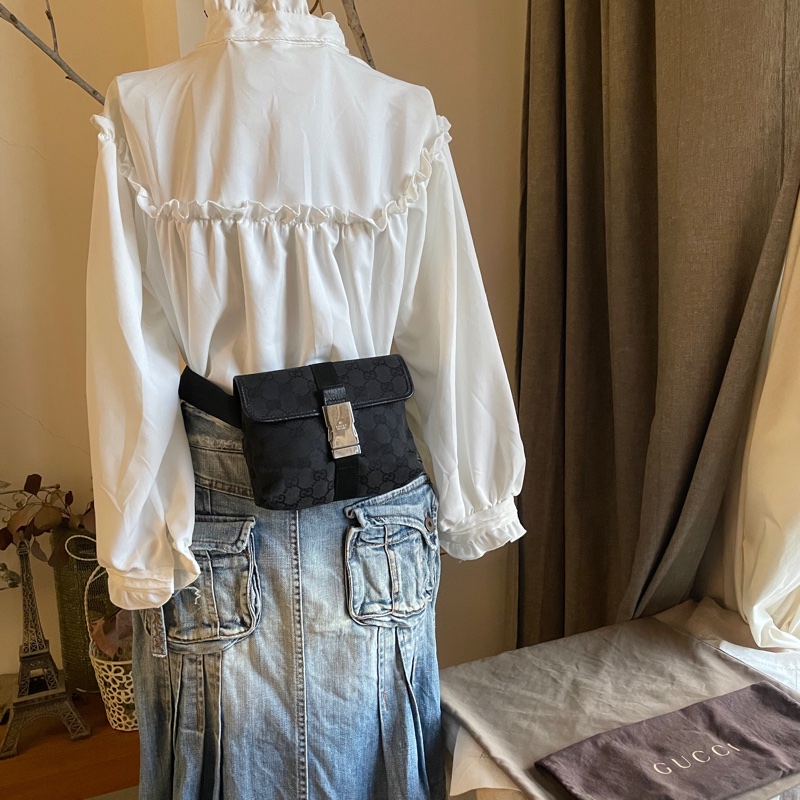 Gucci GG老花字紋丹寧帆布緹花腰包18cm/胸口包/手機包/側背包🌠斜背/側背/腰背🌠正品🌠況不錯🌠男女皆可🌠 立體包型2⃣️層空間足🌠經典-9