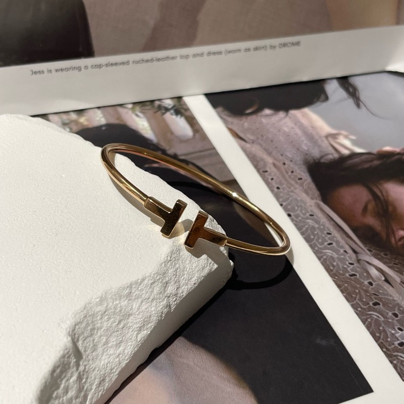 Tiffany 寬版 雙T手鐲 18k玫瑰金 M碼 大U刻印-2