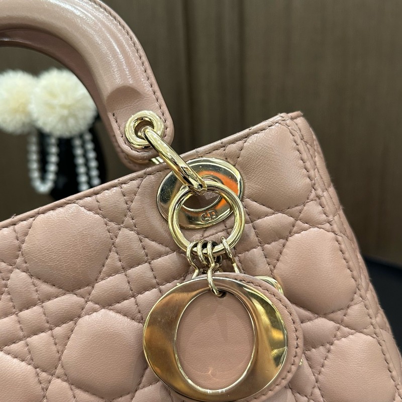 Dior lady dior四格戴妃包 藕粉豆沙粉 手提包肩背包-17