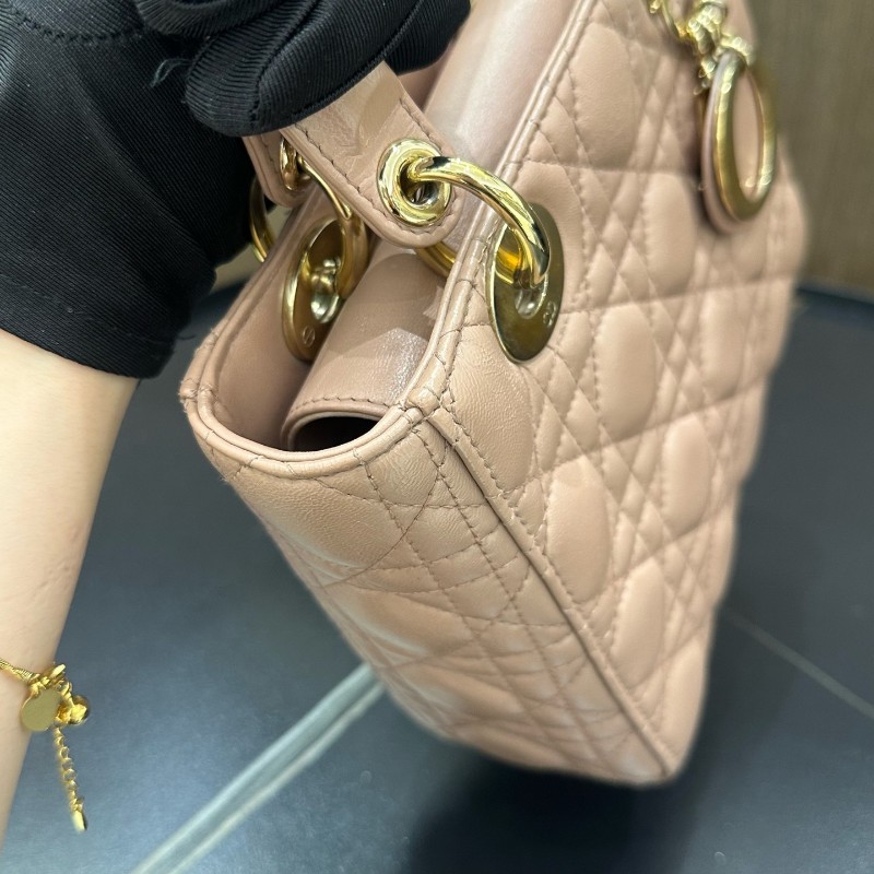 Dior lady dior四格戴妃包 藕粉豆沙粉 手提包肩背包-20