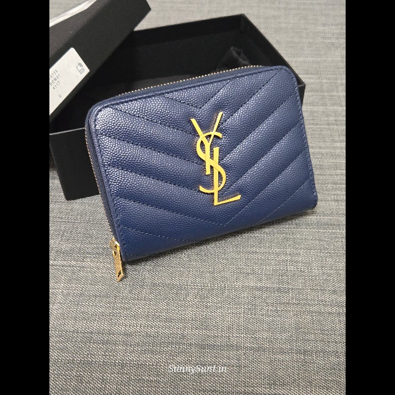 YSL SaintLaurent 聖羅蘭 山形紋荔枝皮金字Logo拉鍊短夾-2