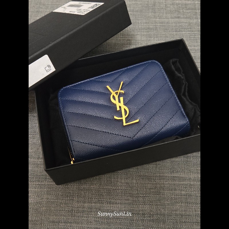 YSL SaintLaurent 聖羅蘭 山形紋荔枝皮金字Logo拉鍊短夾-3