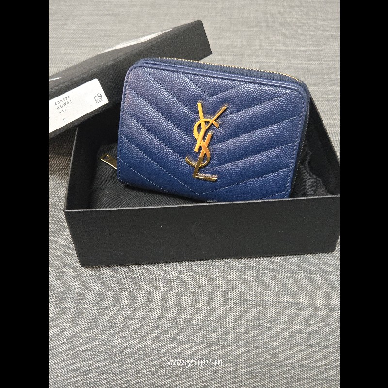 YSL SaintLaurent 聖羅蘭 山形紋荔枝皮金字Logo拉鍊短夾-4