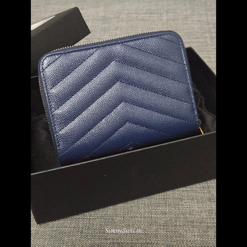 YSL SaintLaurent 聖羅蘭 山形紋荔枝皮金字Logo拉鍊短夾-7