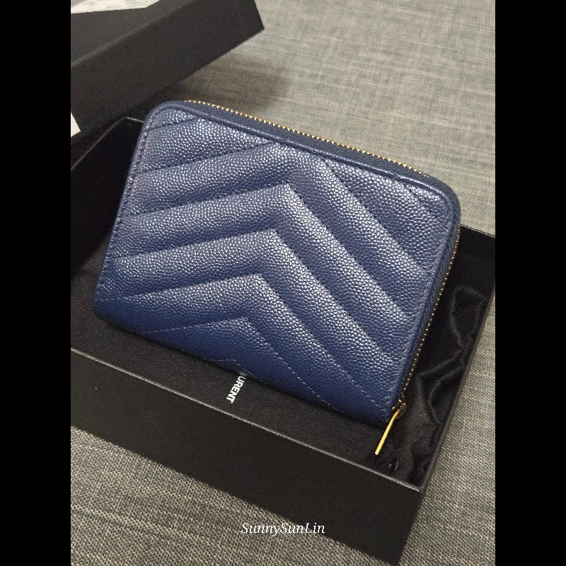 YSL SaintLaurent 聖羅蘭 山形紋荔枝皮金字Logo拉鍊短夾-8