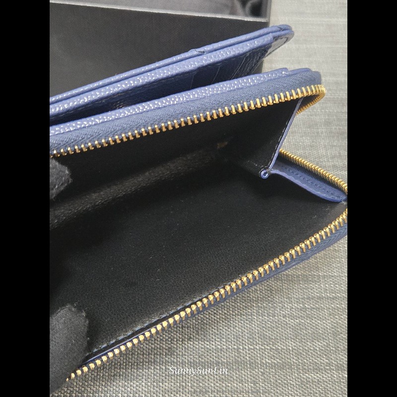 YSL SaintLaurent 聖羅蘭 山形紋荔枝皮金字Logo拉鍊短夾-14