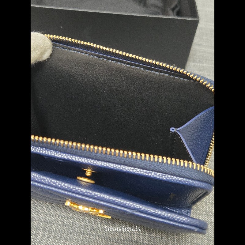 YSL SaintLaurent 聖羅蘭 山形紋荔枝皮金字Logo拉鍊短夾-19