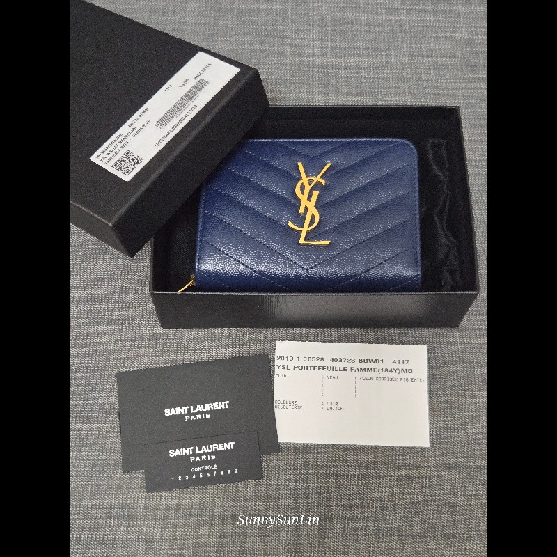 YSL SaintLaurent 聖羅蘭 山形紋荔枝皮金字Logo拉鍊短夾-27