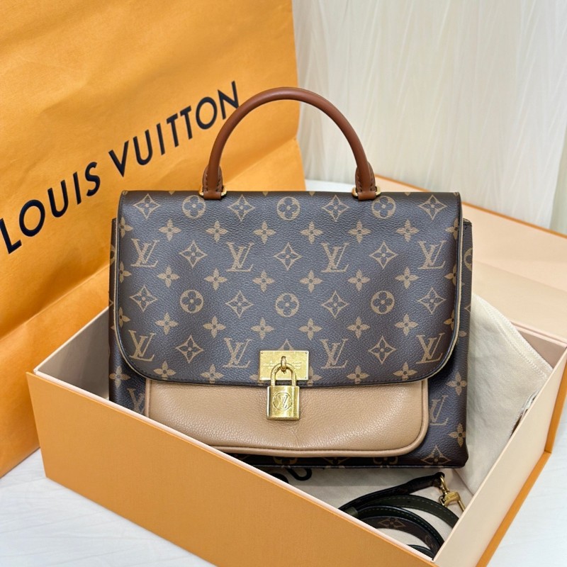 LV Marignan老花拼奶茶色鎖頭郵差包-0