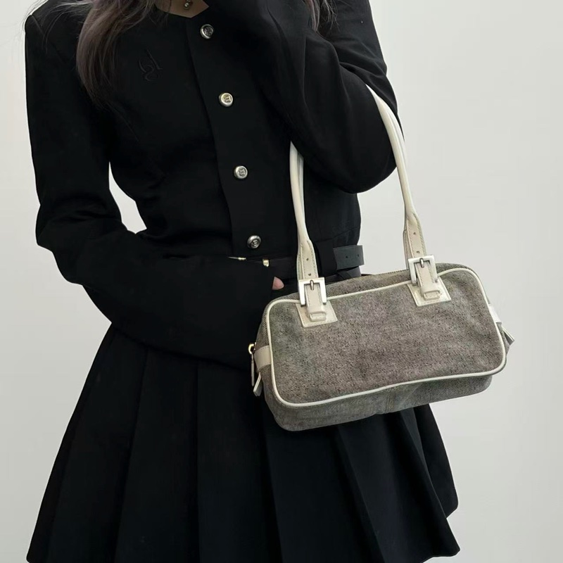 「JL精品代購」Fendi拼色牛仔丹寧拼皮盒子腋下單肩包-1