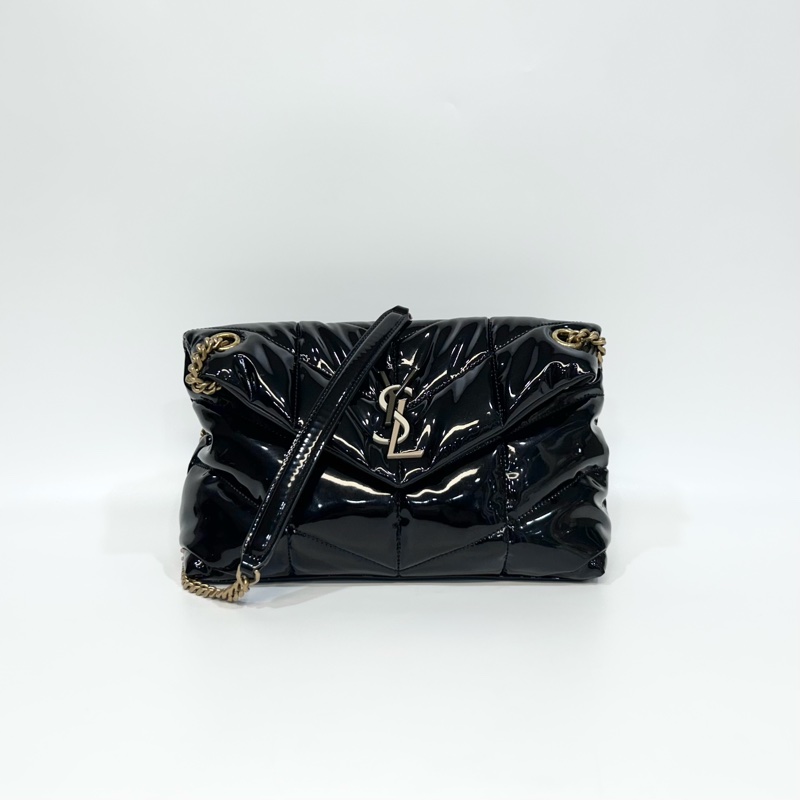 YSL黑金漆皮三拼色LOGO小號PUFFER側背包577476-0