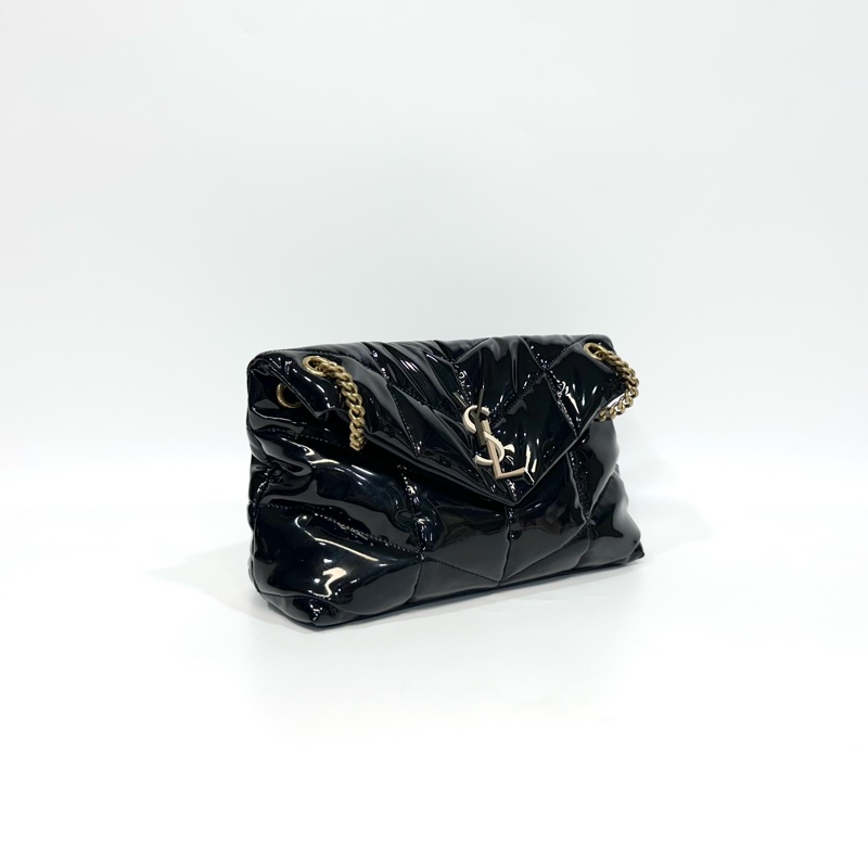 YSL黑金漆皮三拼色LOGO小號PUFFER側背包577476-2