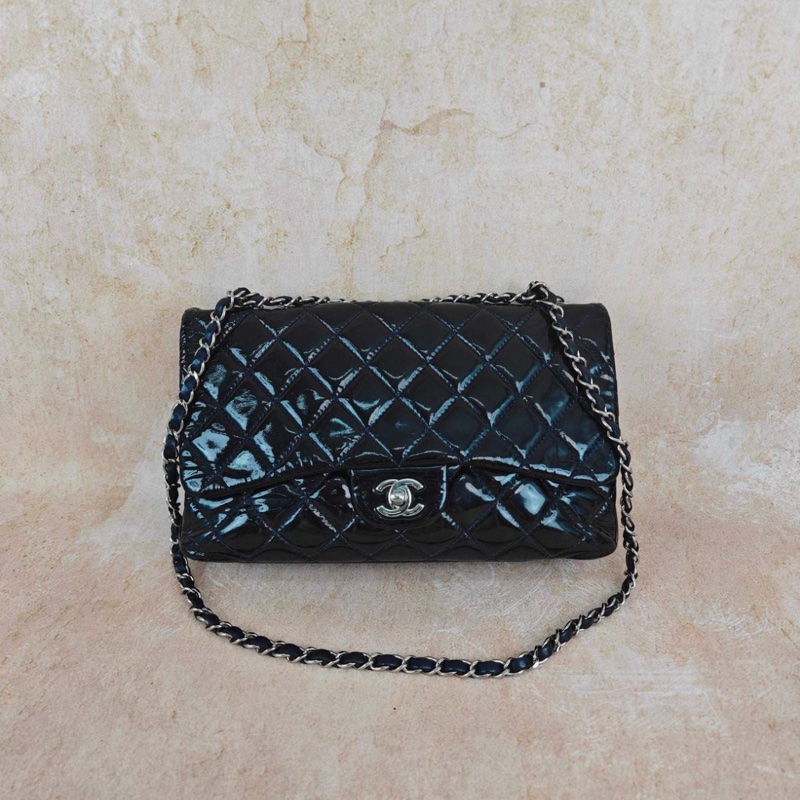 Chanel 黑銀漆皮cf中號鏈條包-0