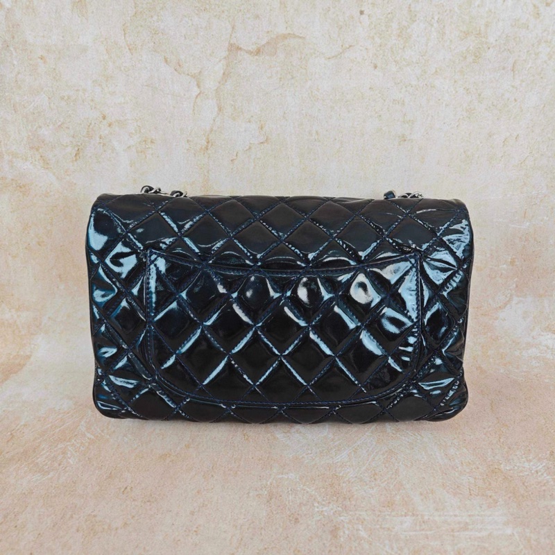 Chanel 黑銀漆皮cf中號鏈條包-1