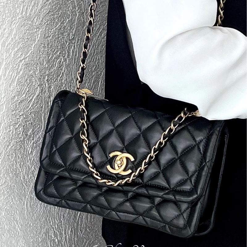 秋冬必備限定款🈶購證😍Chanel黑金菱格紋鏈條豆腐包枕頭包單肩斜挎包-0