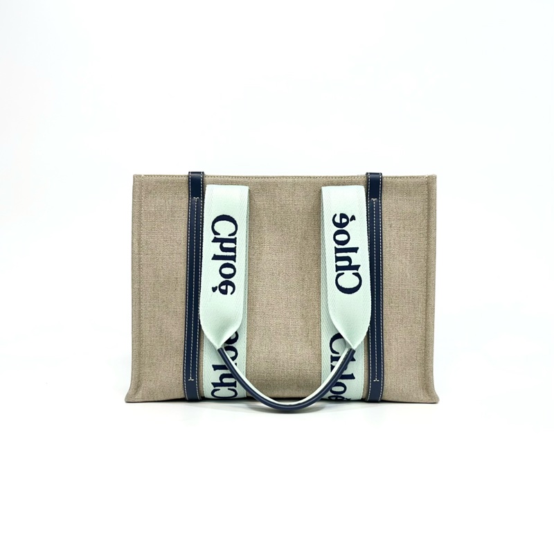 Chloe薄荷綠拼深藍牛皮飾邊中號Woody亞麻帆布托特包-1