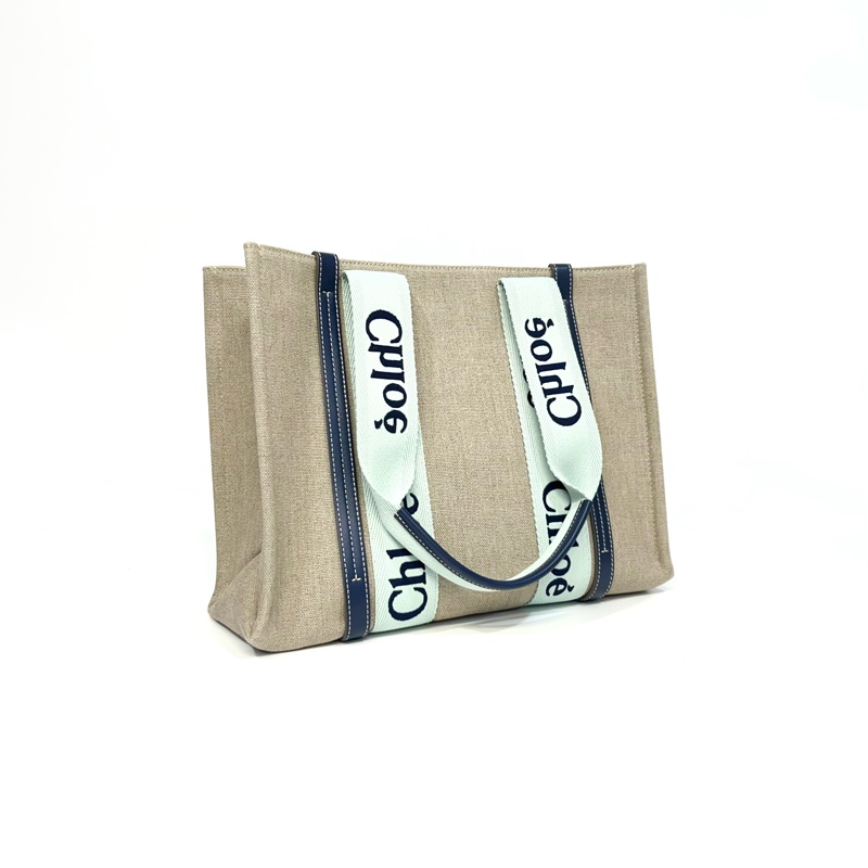 Chloe薄荷綠拼深藍牛皮飾邊中號Woody亞麻帆布托特包-3