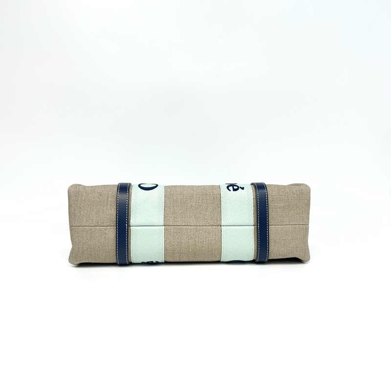 Chloe薄荷綠拼深藍牛皮飾邊中號Woody亞麻帆布托特包-5