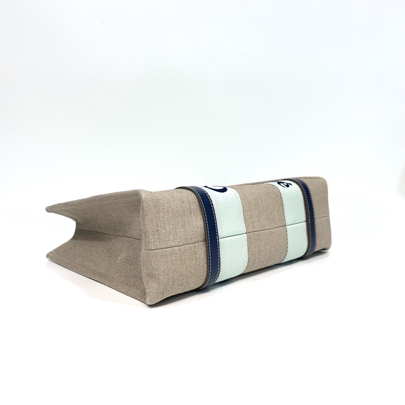 Chloe薄荷綠拼深藍牛皮飾邊中號Woody亞麻帆布托特包-7