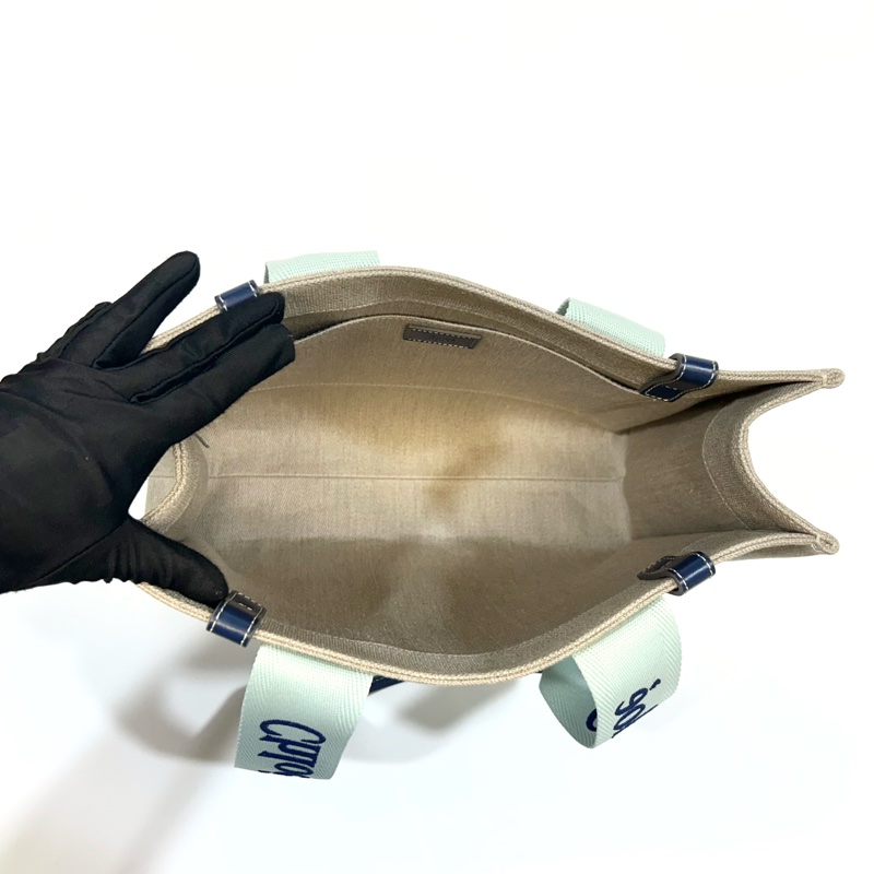 Chloe薄荷綠拼深藍牛皮飾邊中號Woody亞麻帆布托特包-8