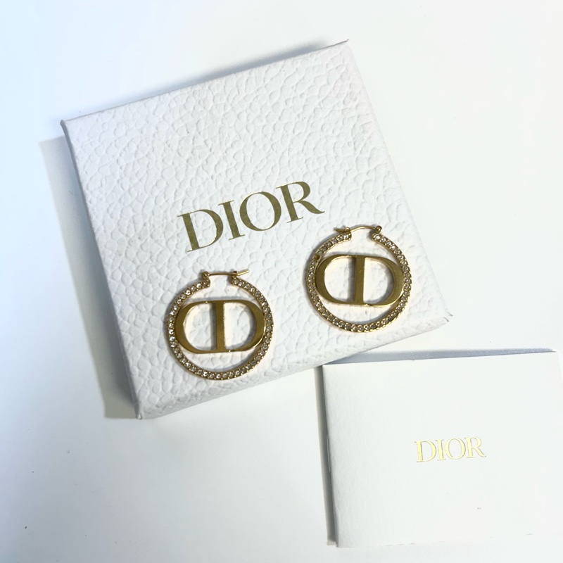 DIOR金色CD字母圈型鑲鑽針式耳環-0