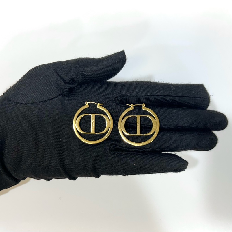 DIOR金色CD字母圈型鑲鑽針式耳環-4